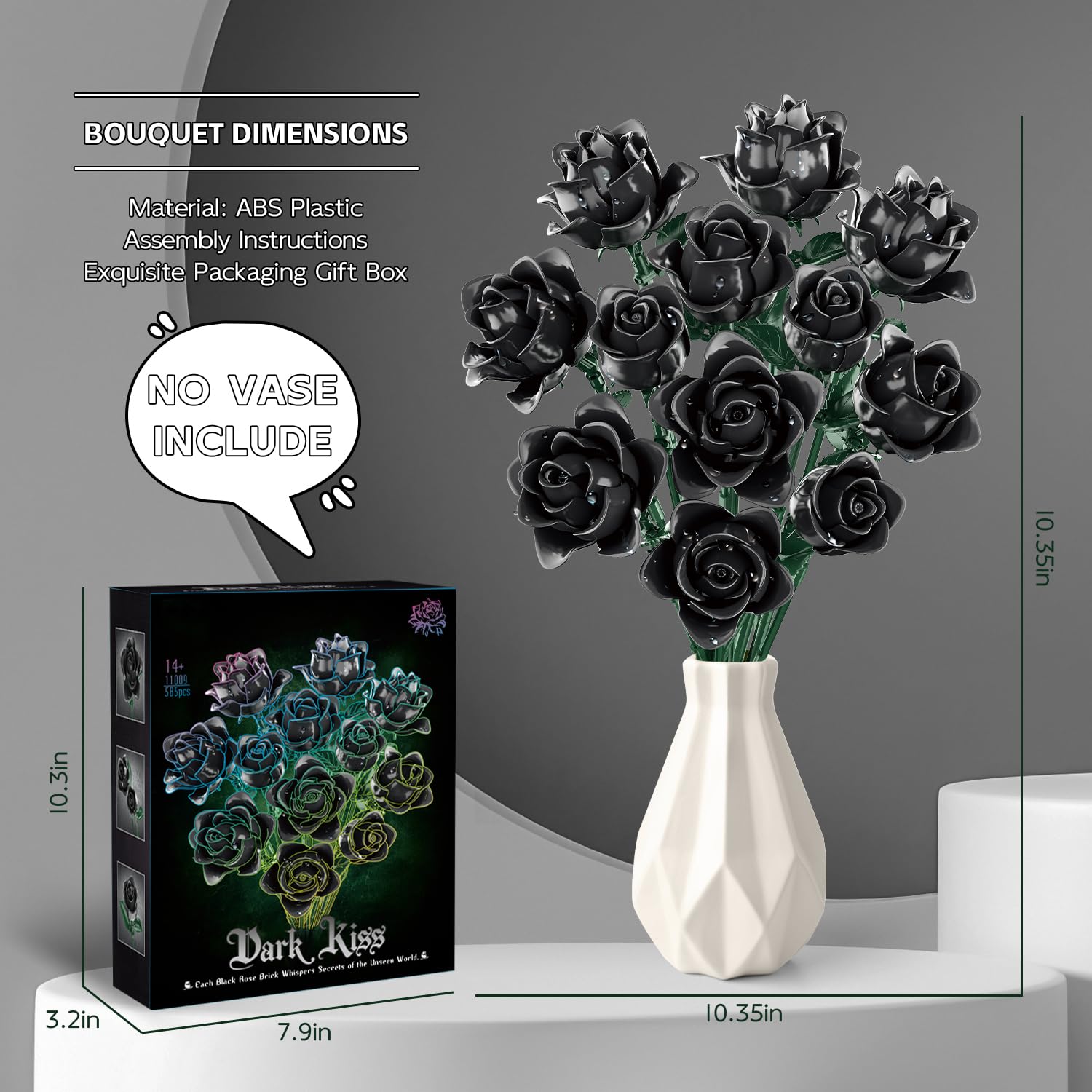 Tobocoy black rose bouquet shows realistic stem details