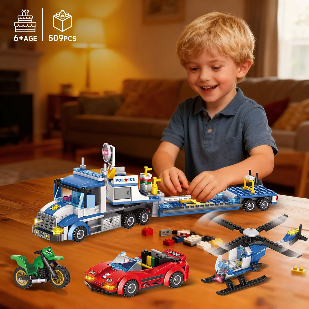 Tobocoy City Police Truck and Trailer kid-building moment capturing hands-on creativity.