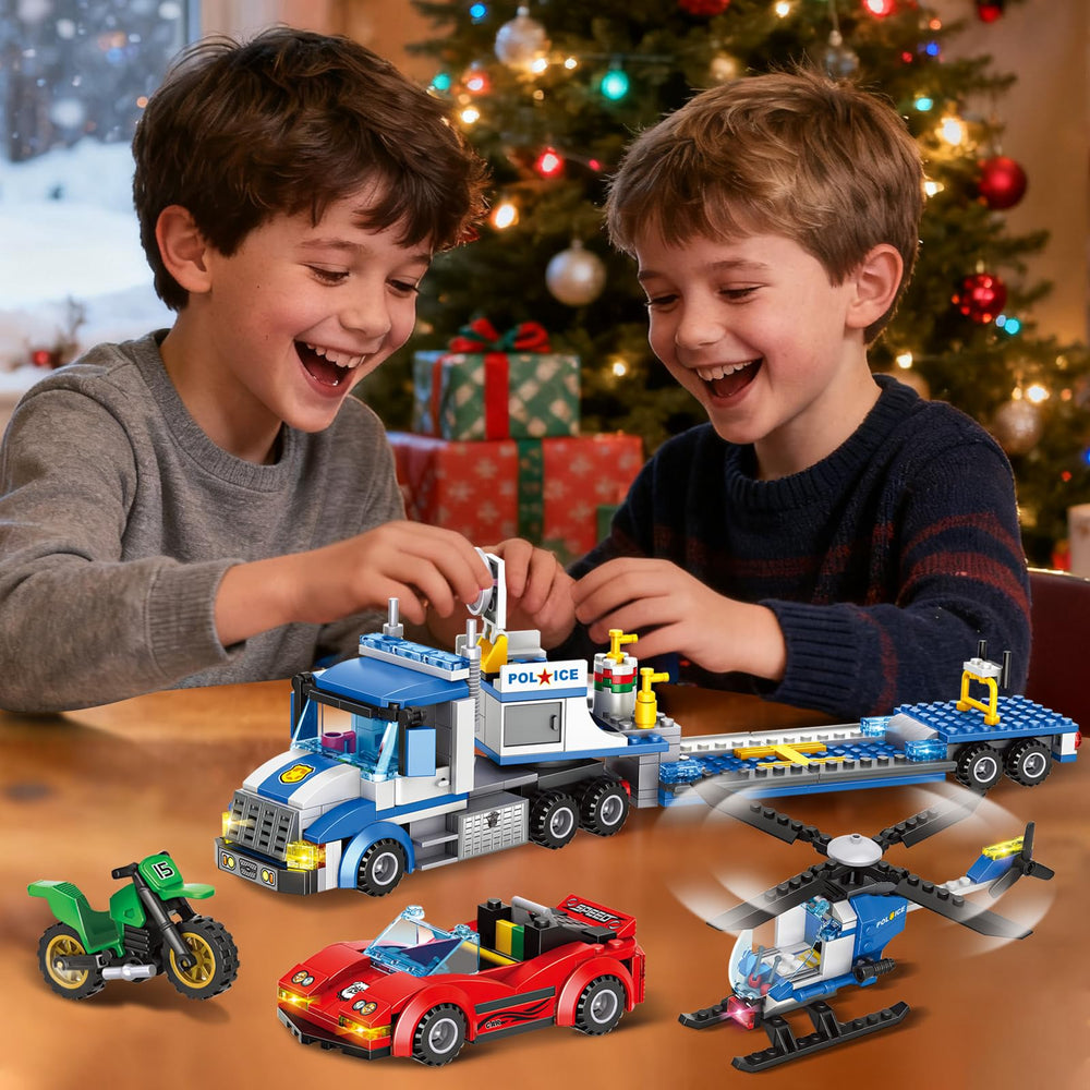 Tobocoy City Police Truck and Trailer open packaging reveals complete piece set for setup.