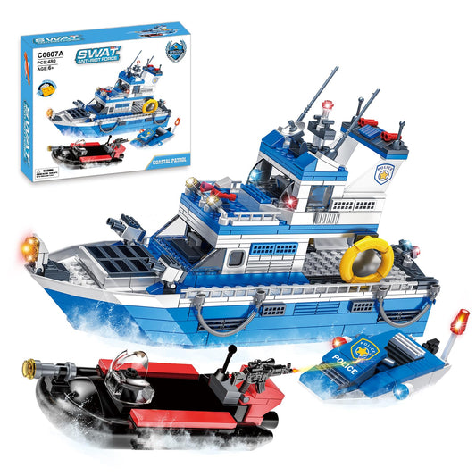 Tobocoy Police Boat Building Set patrol-ship close-up highlighting durable ABS construction.