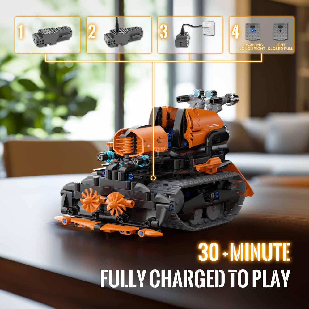TOBSABPX tank-bulldozer robot model demonstrates versatile configurations for creative play.