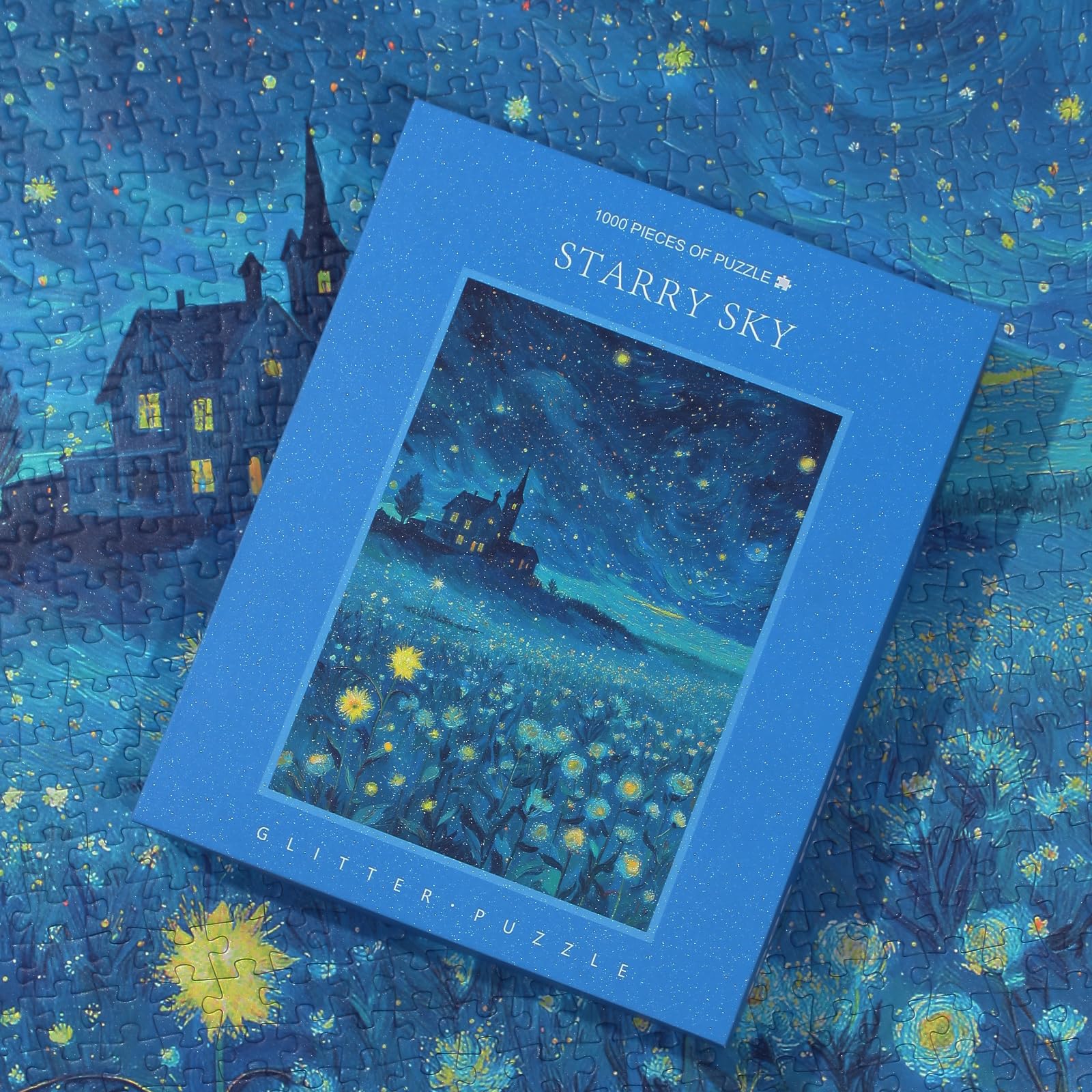 TOCHILD blue starry night puzzle pieces with glitter accents for a calming challenge