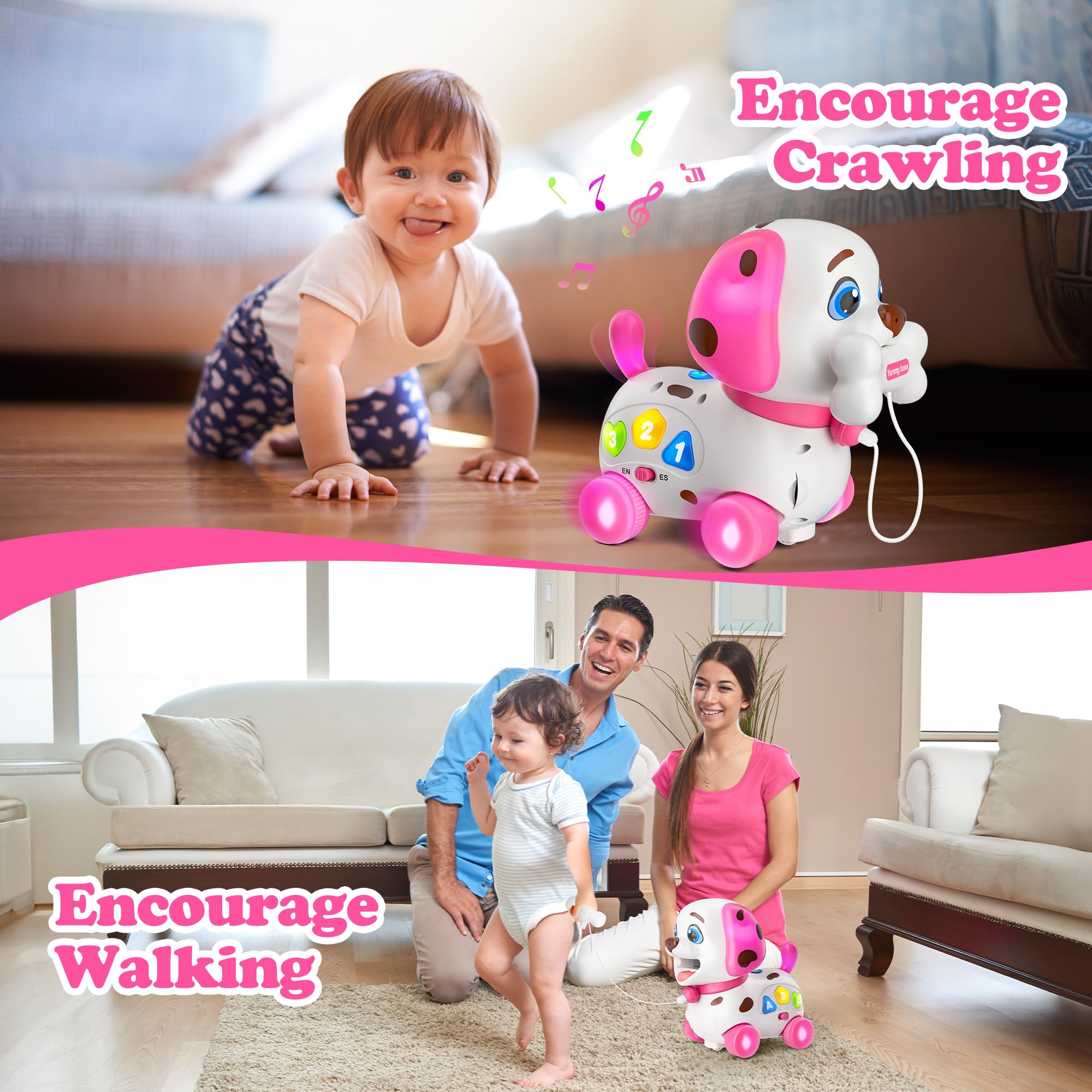 Toddlercley puppy toy in motion mode sparks curiosity during early walking.