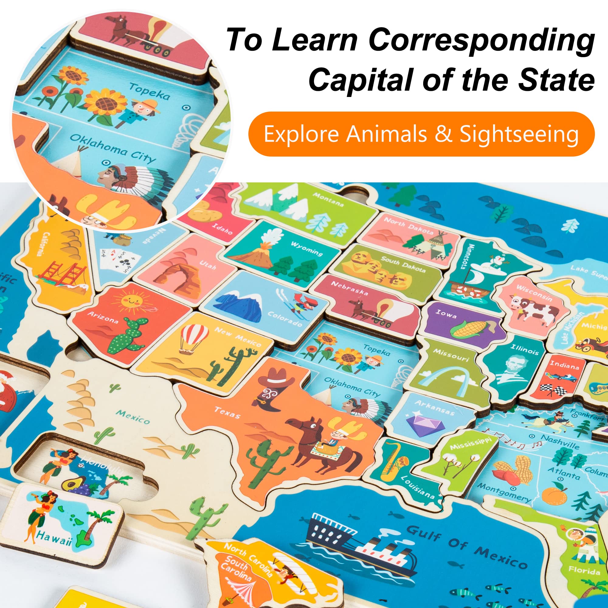 TOGELIN 50 states puzzle icons featuring places, animals, and fruits for recognition