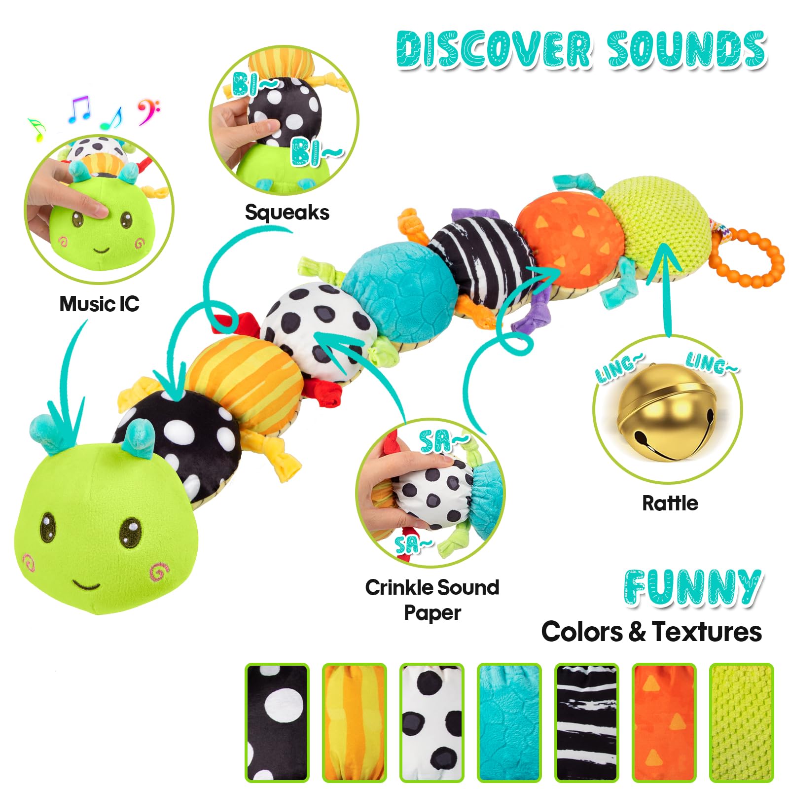 TOHIBEE baby caterpillar crinkle texture showcases vibrant fabrics for visual and touch stimulation.
