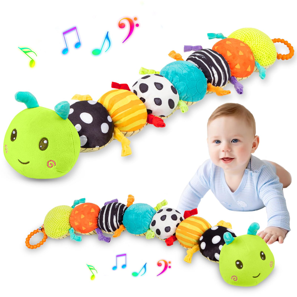 TOHIBEE baby caterpillar toy front view offers soft plush comfort and multisensory engagement.