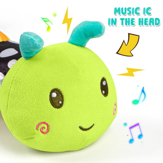 TOHIBEE caterpillar rattle close-up promotes tactile exploration and early auditory awareness.