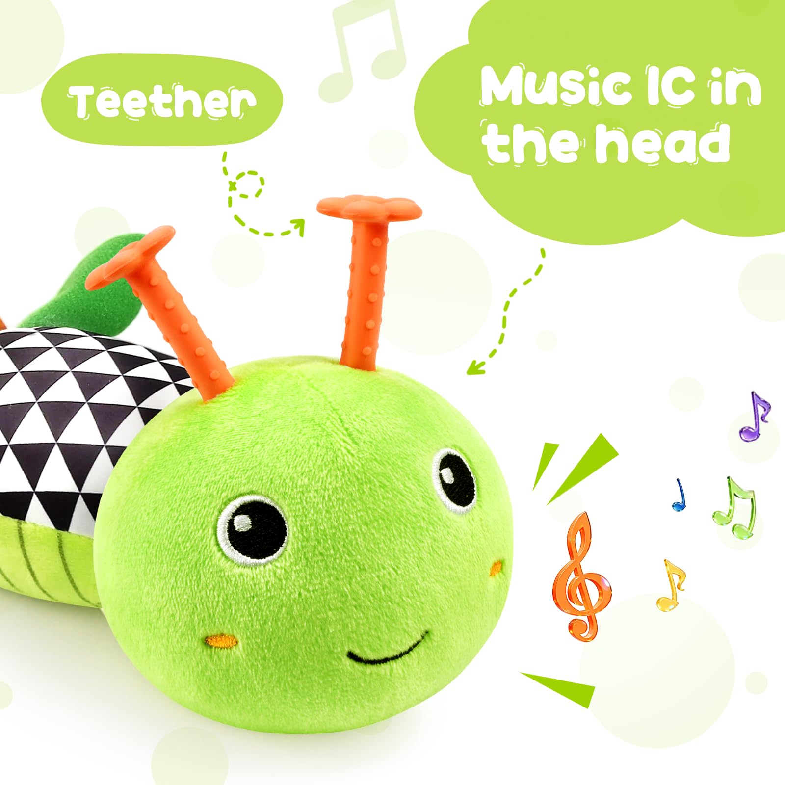 Green plush caterpillar crinkle texture supports tactile exploration