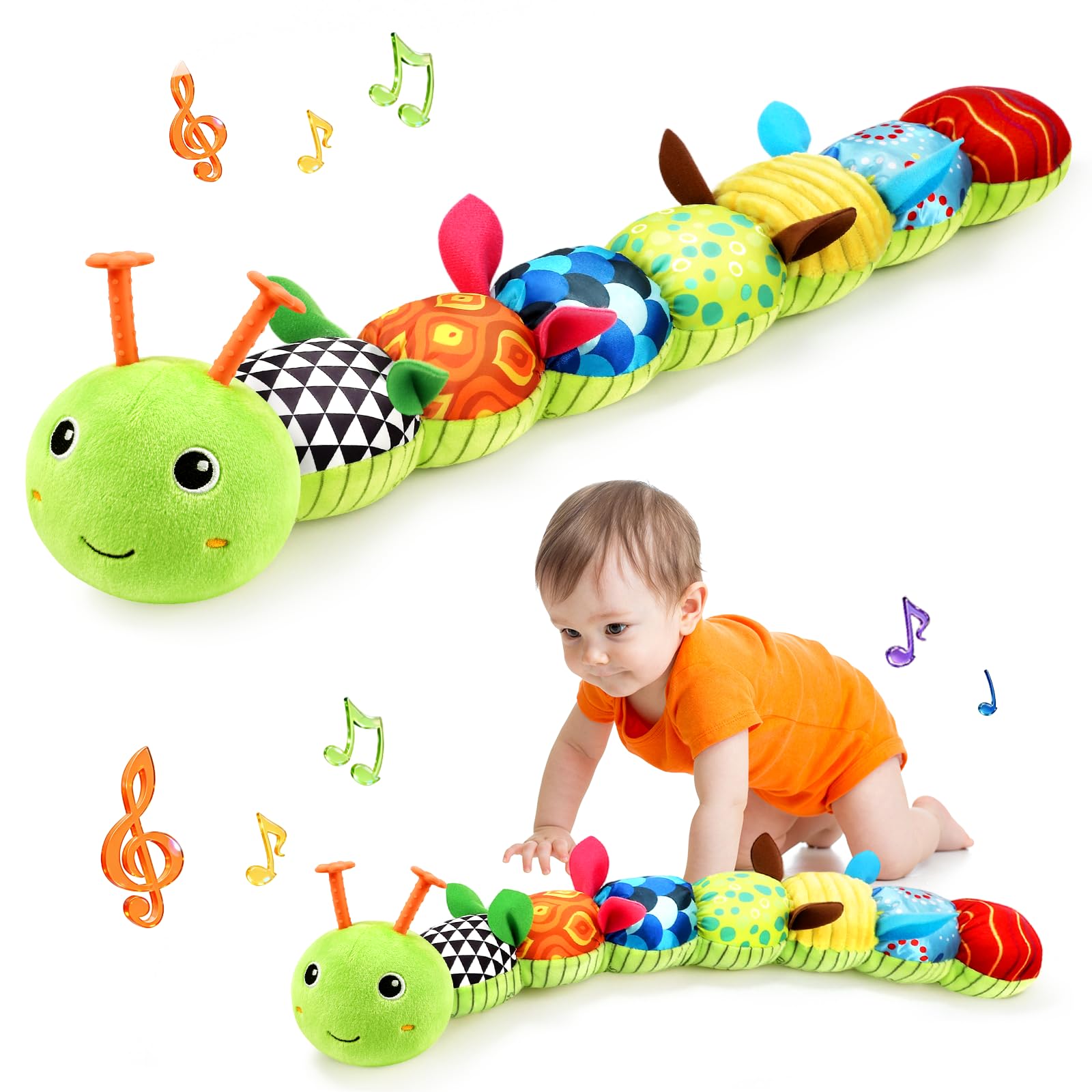 TOHIBEE musical caterpillar plush in green, full 5-in-1 toy for sensory play