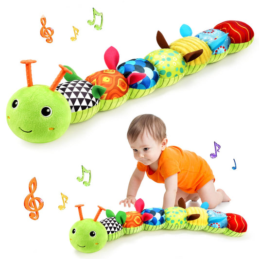 TOHIBEE musical caterpillar plush in green, full 5-in-1 toy for sensory play