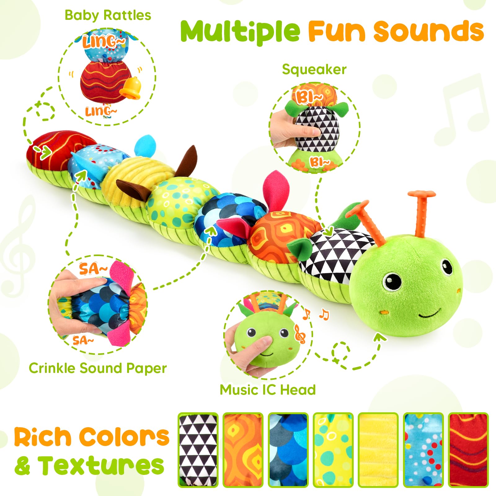 Rattle and squeak sounds encourage reach and grasp during play
