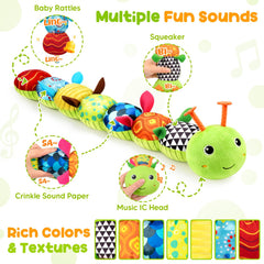 Rattle and squeak sounds encourage reach and grasp during play