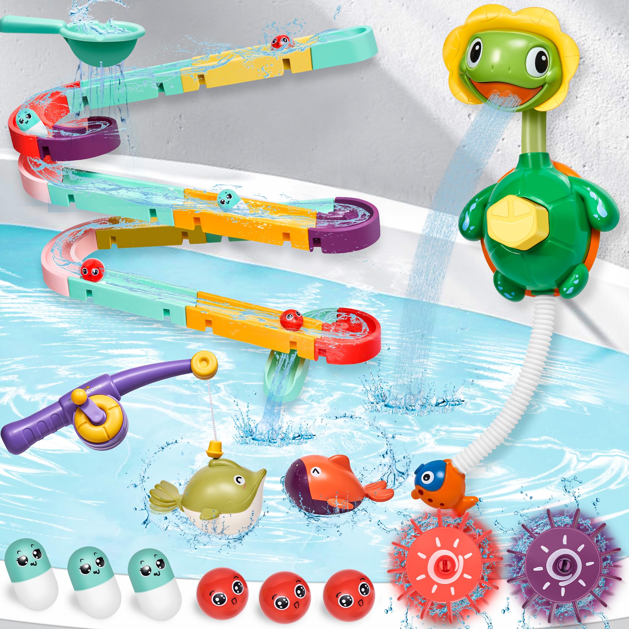 TOHIBEE bath toys showing suction cups securing to tub wall for mess-free play