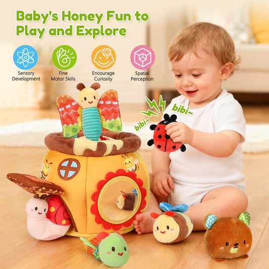 TOHIBEE bee toy with rattle promotes auditory exploration during infant play.