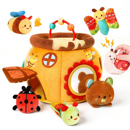TOHIBEE Honey Pot with six soft animals for multi-sensory play and easy storage.