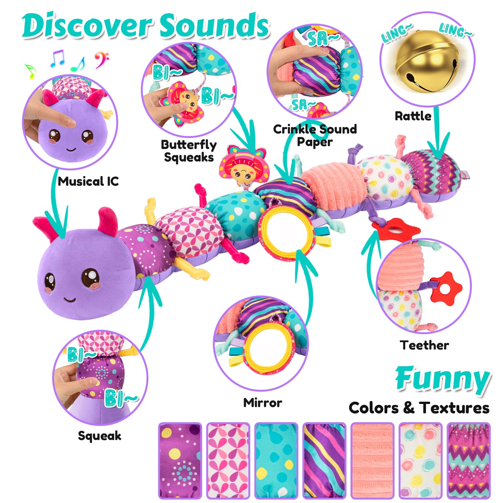 TOHIBEE plush caterpillar shows textures and colors to stimulate tactile exploration.