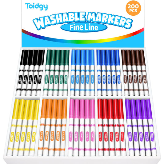 Toidgy 200 pcs washable markers set in bright colors for kids' art