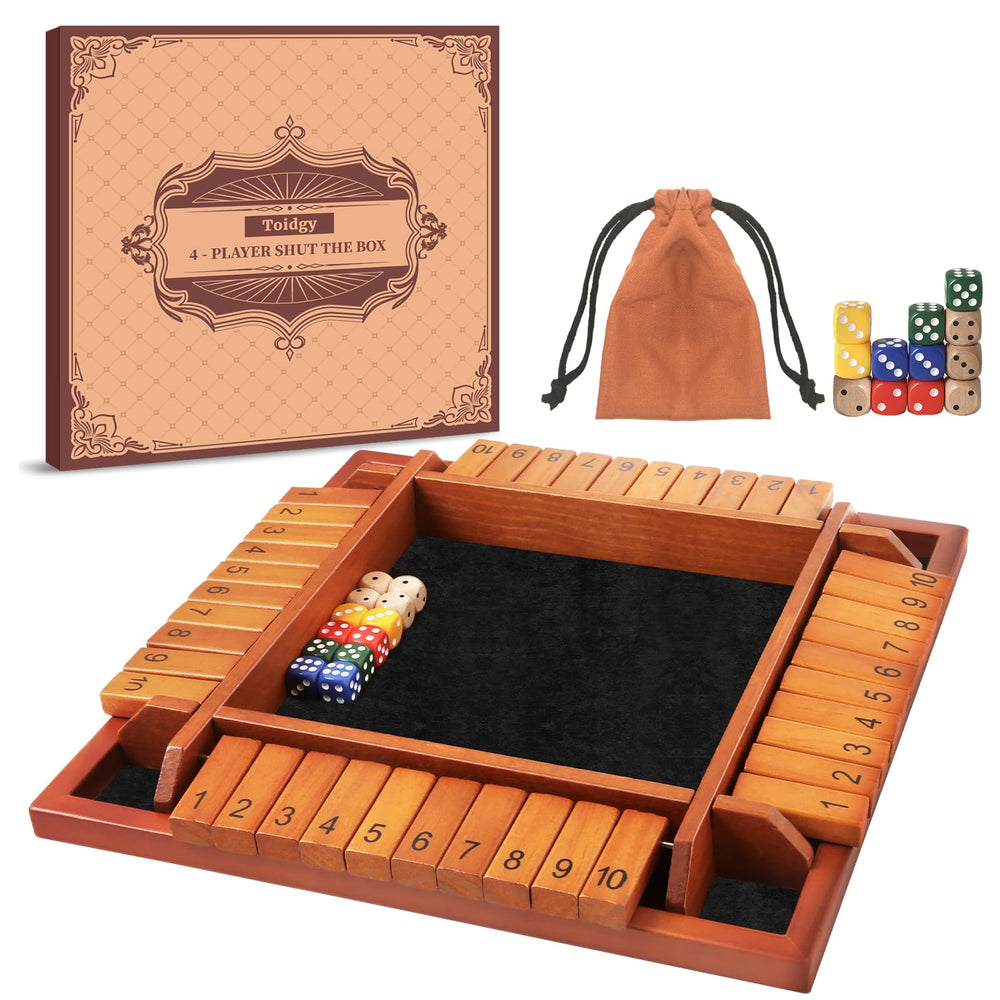 Toidgy four-player shut-the-box setup on wooden board for group play