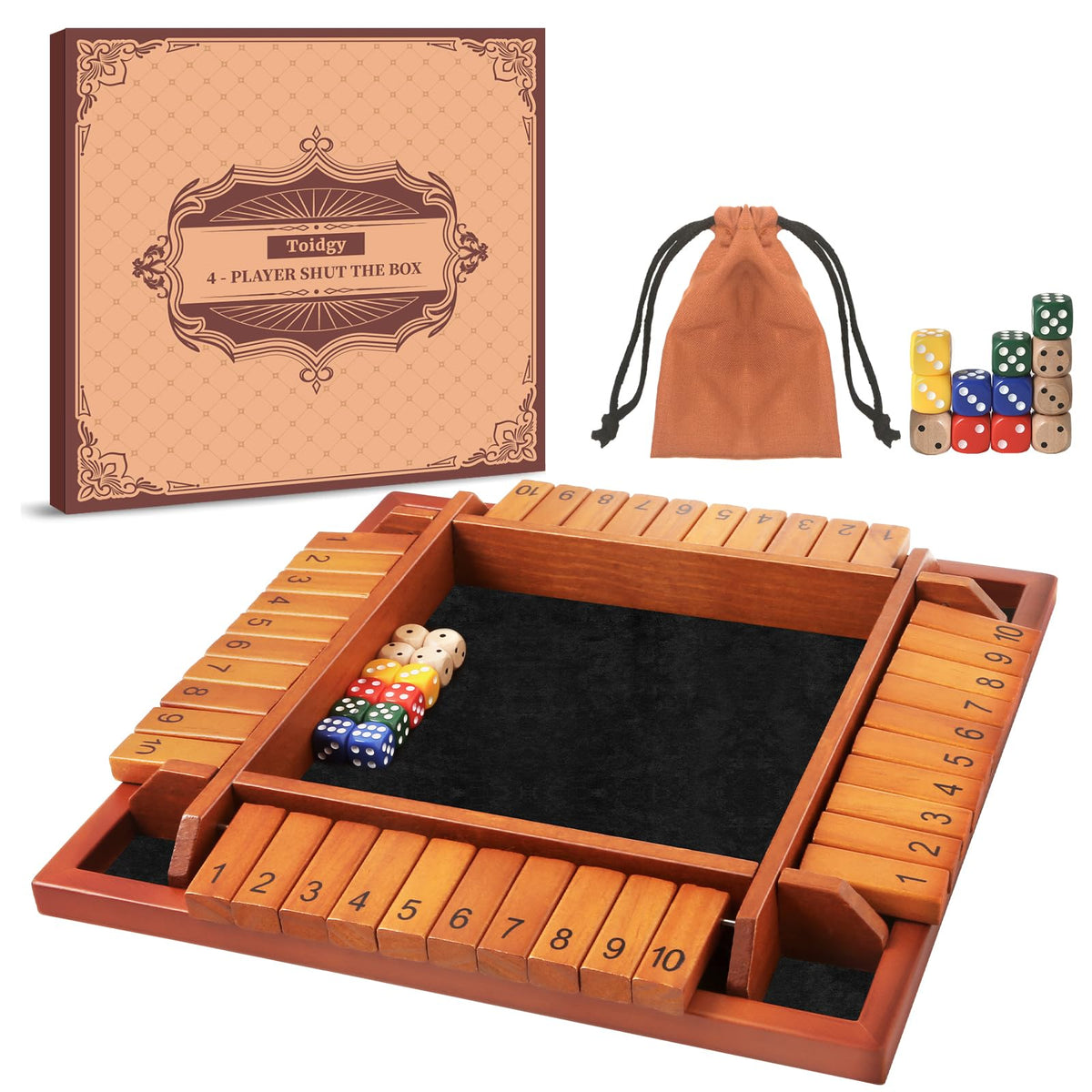 Toidgy four-player shut-the-box setup on wooden board for group play