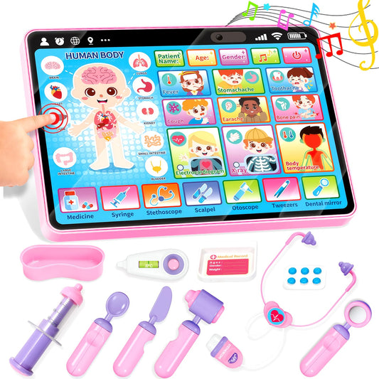 Toidgy doctor kit girl tablet play shows interactive learning on the pretend screen.