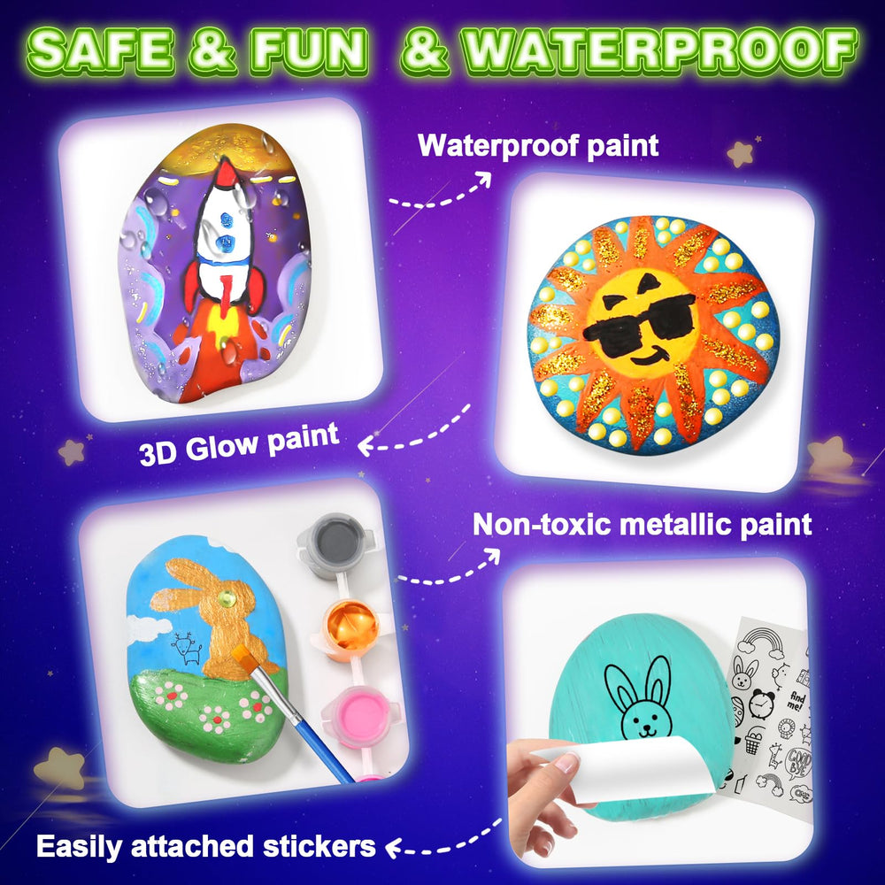 Toidgy glitter glues bring sparkle to finished rock art pieces.
