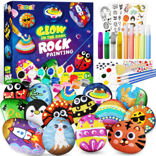 Toidgy glow-dark paints add nighttime color to rocks for glowing art projects.