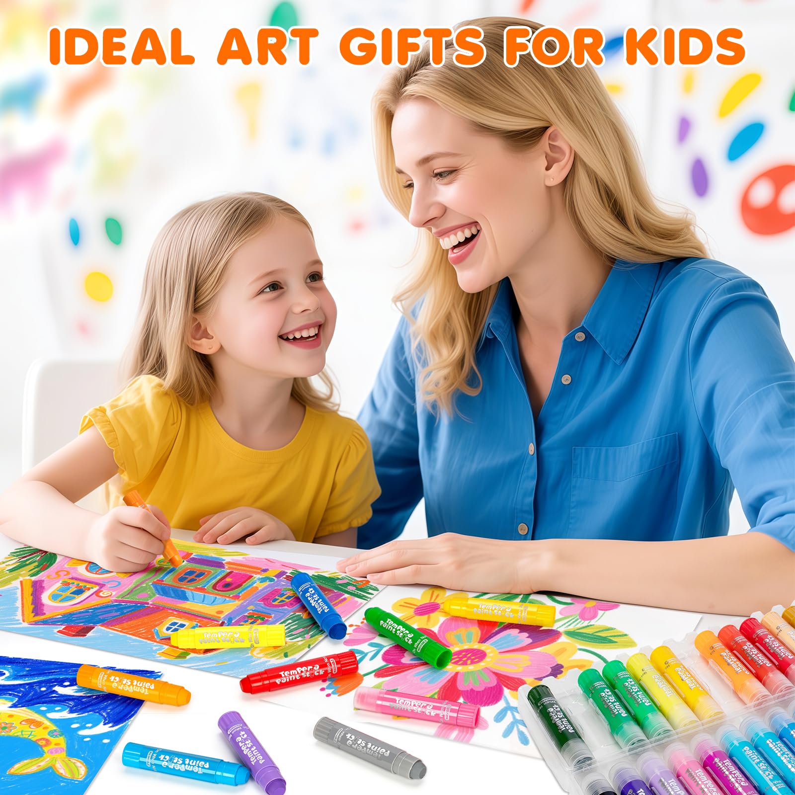Toidgy Tempera Paint Sticks enabling bright art on paper and crafts.