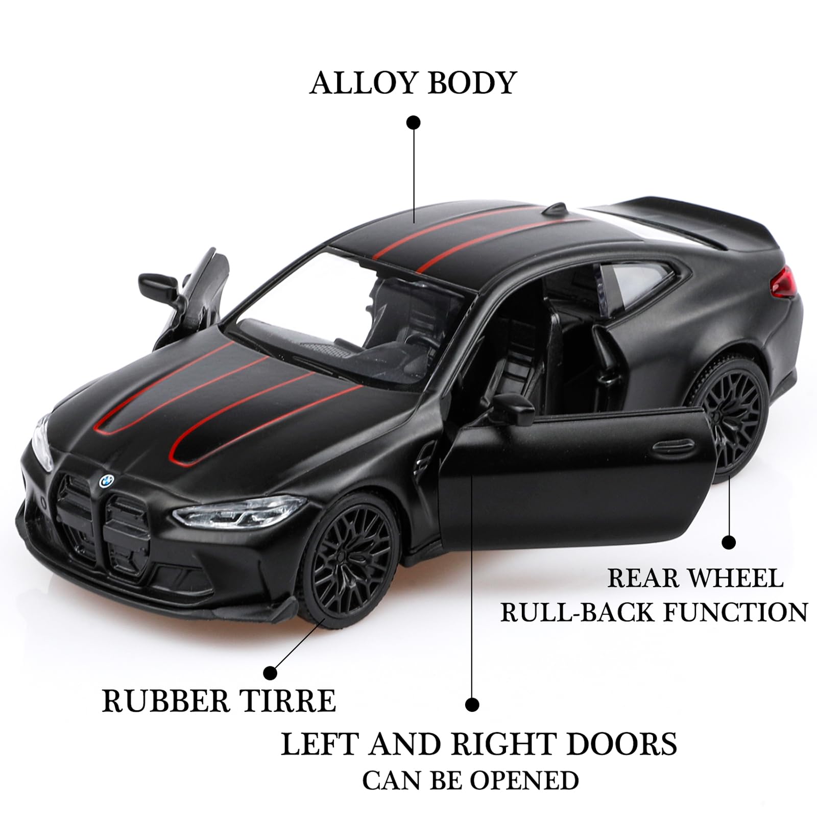 TOKAXI diecast BMW M4 interior detail with opening doors for interactive play.