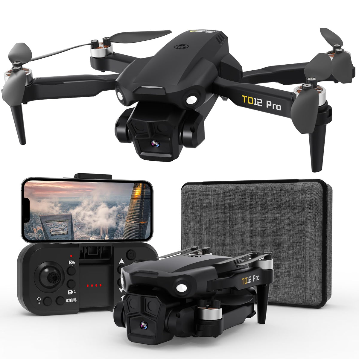 Toladrone TD12Pro with 1080P camera showing adjustable tilt for versatile aerial views.