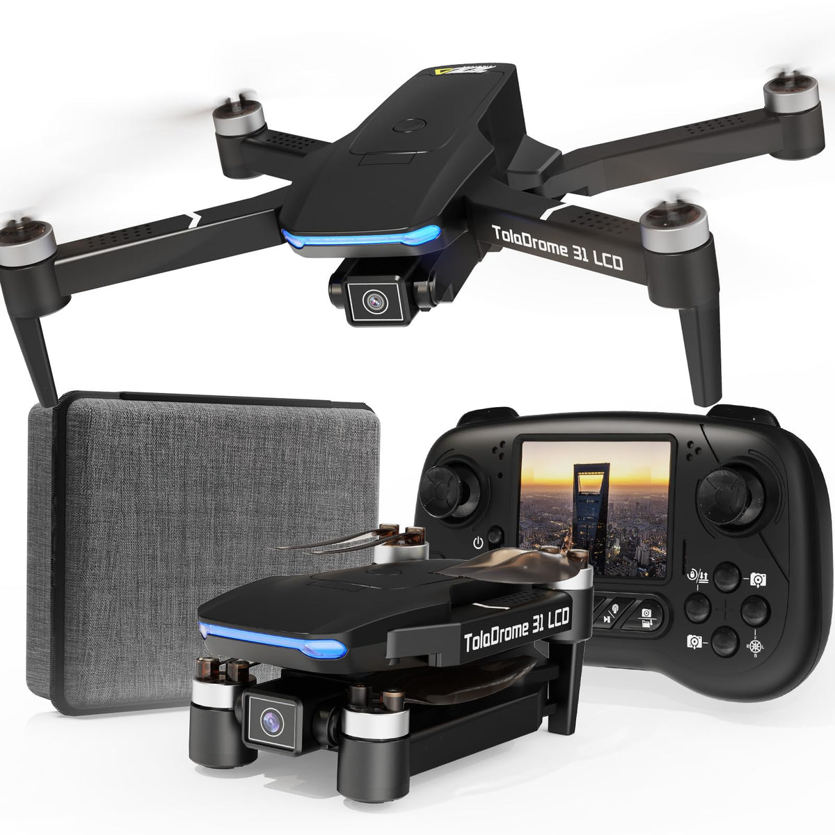 Toladrone TD31LCD with LCD remote screen enables real-time transmission for easy beginner flights.