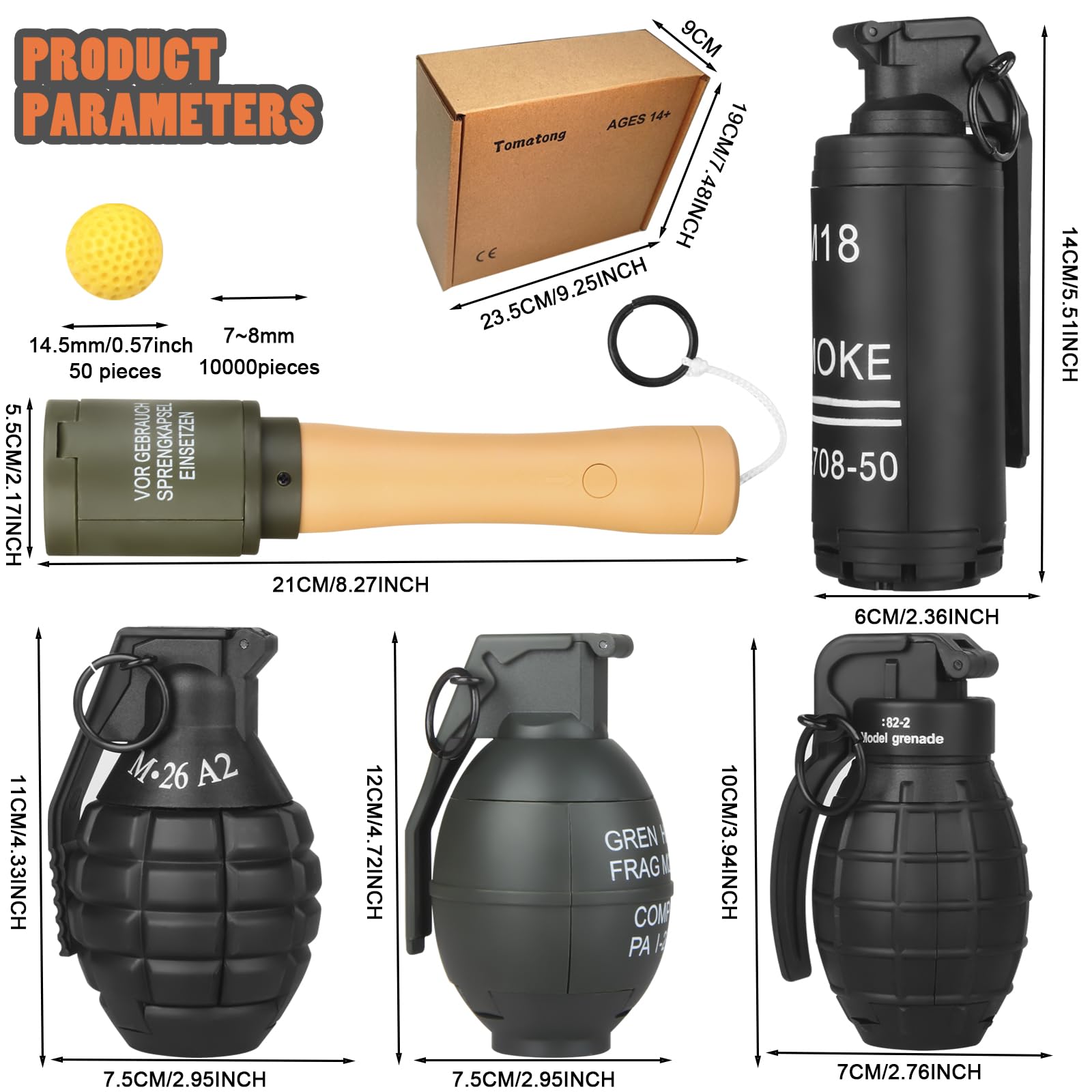 Tomatong packaged grenade set highlighting compact, portable design.