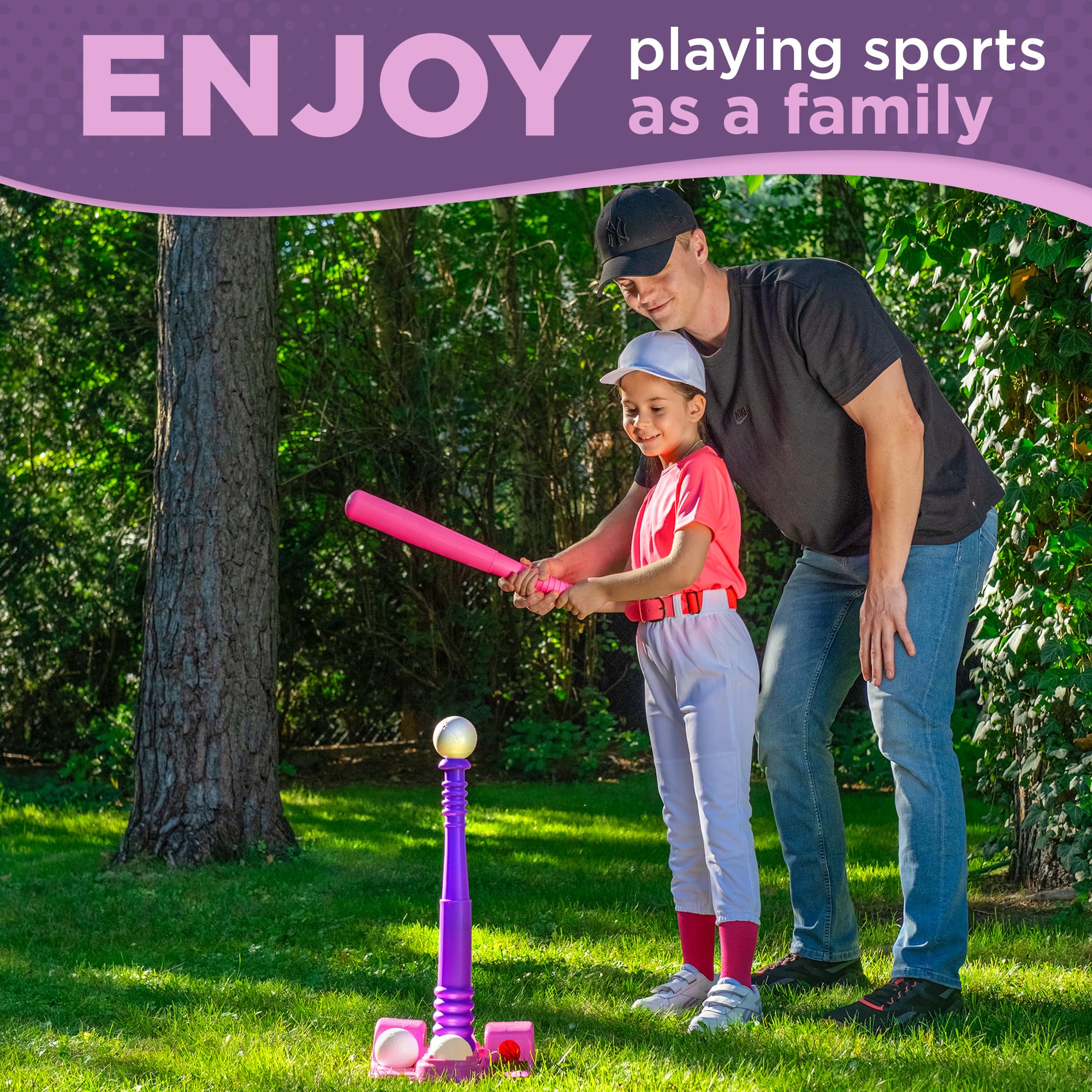 TomLEON adjustable tee height enables proper batting stance as kids grow