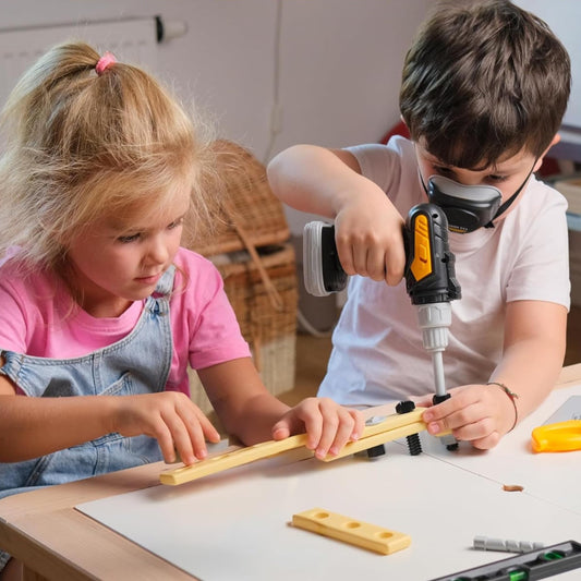 TOMLEON battery-operated drill ready for imaginative construction fun.