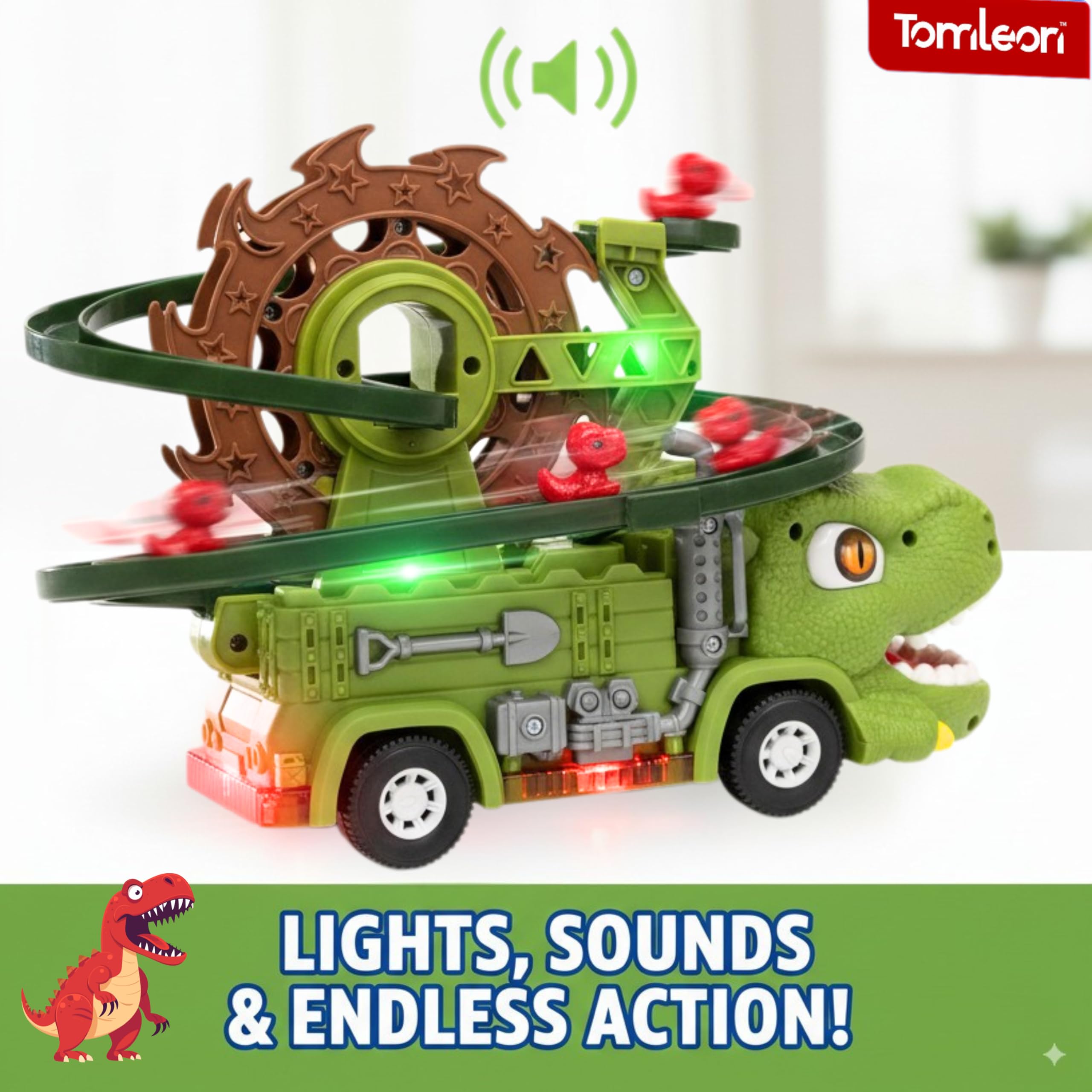 TOMLEON Dinosaur Truck spiral track with mini dinos for endless downhill fun.