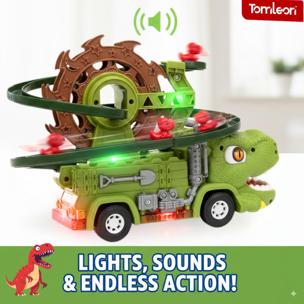 TOMLEON Dinosaur Truck spiral track with mini dinos for endless downhill fun.