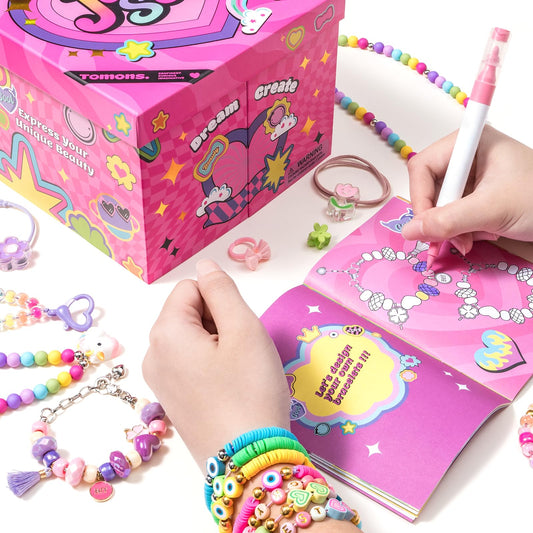 Tomons kit displays beads and strings set for colorful jewelry crafting.