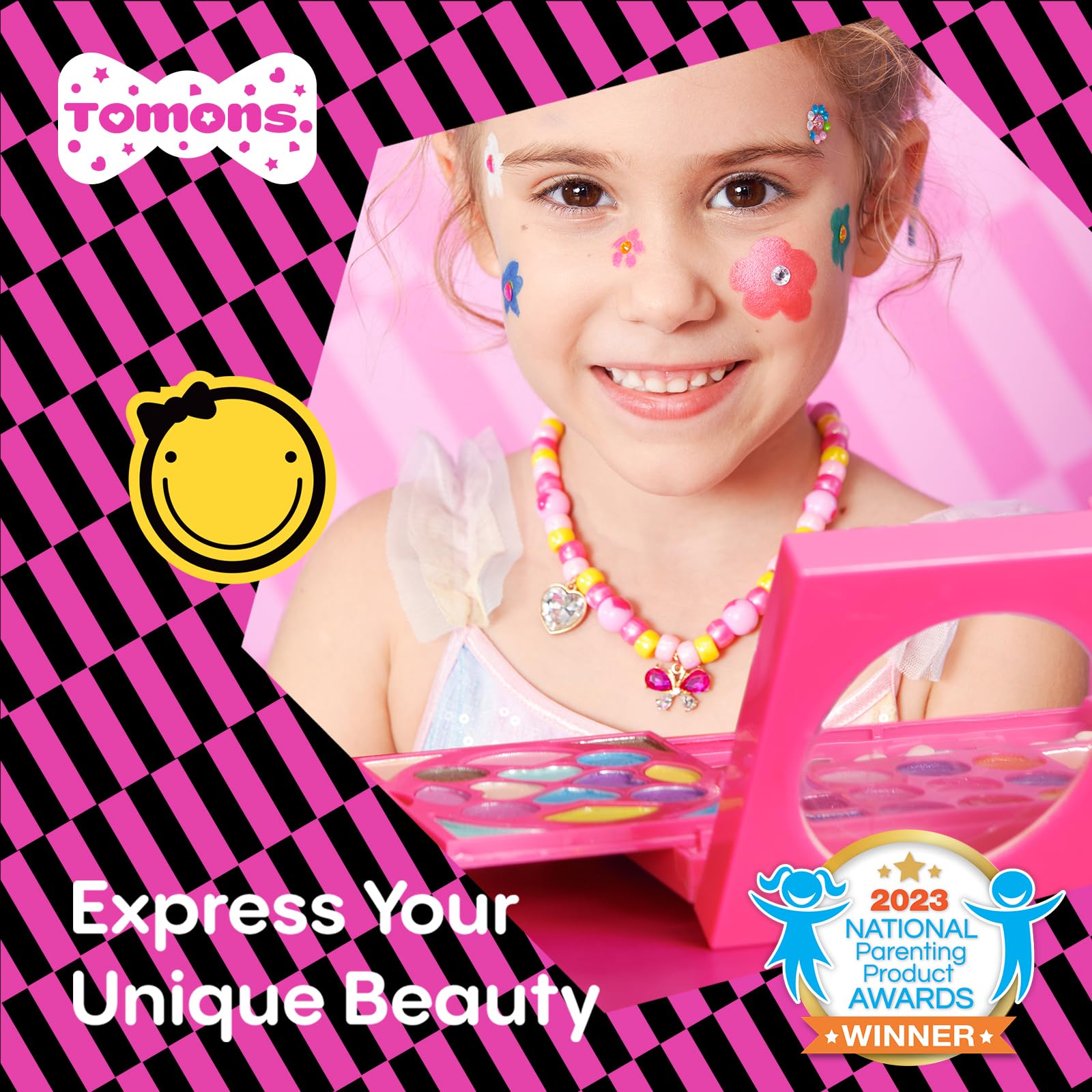 Tomons mirror inside kit provides clear reflection for pretend makeup sessions.