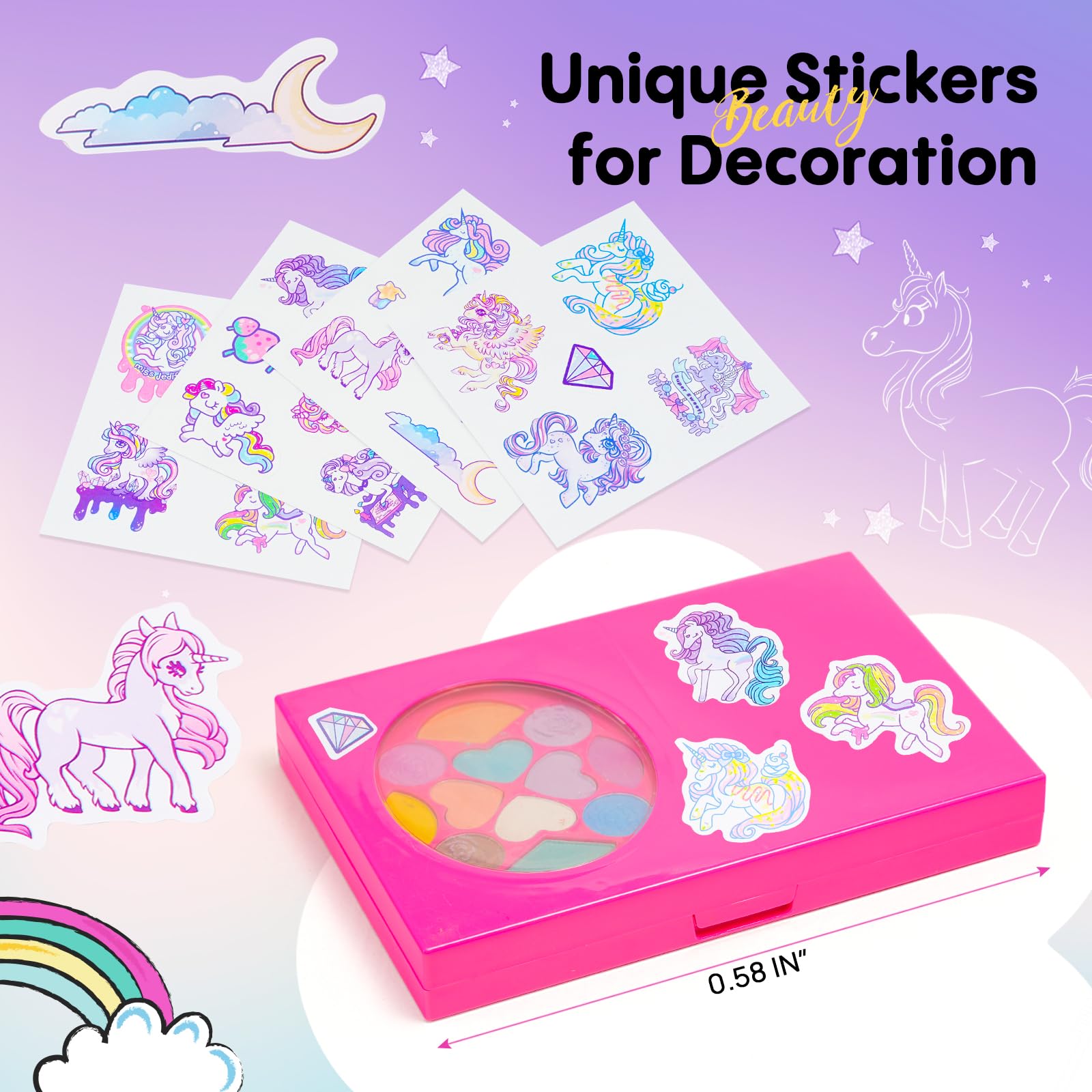 Tomons Kids Makeup Kit palette open with colorful eye shadows for creative play.