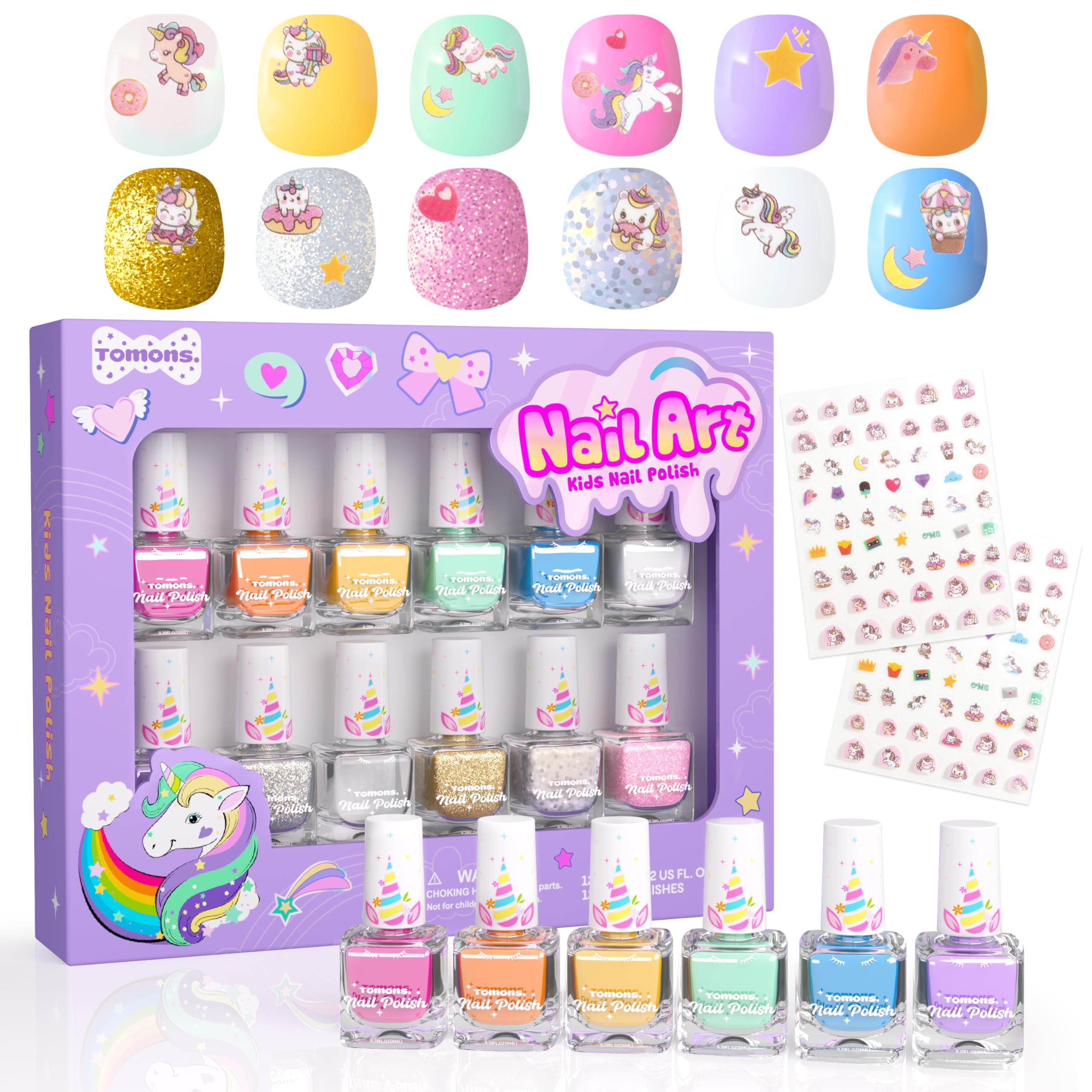 Tomons nail polish set with 12 colors for kids, vibrant hues for creative nail art.