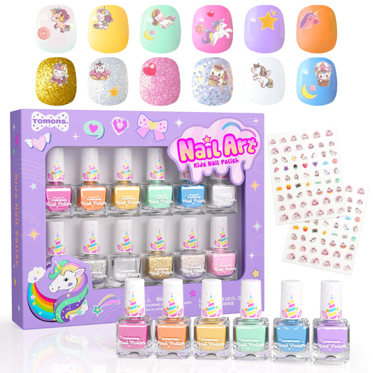 Tomons nail polish set with 12 colors for kids, vibrant hues for creative nail art.