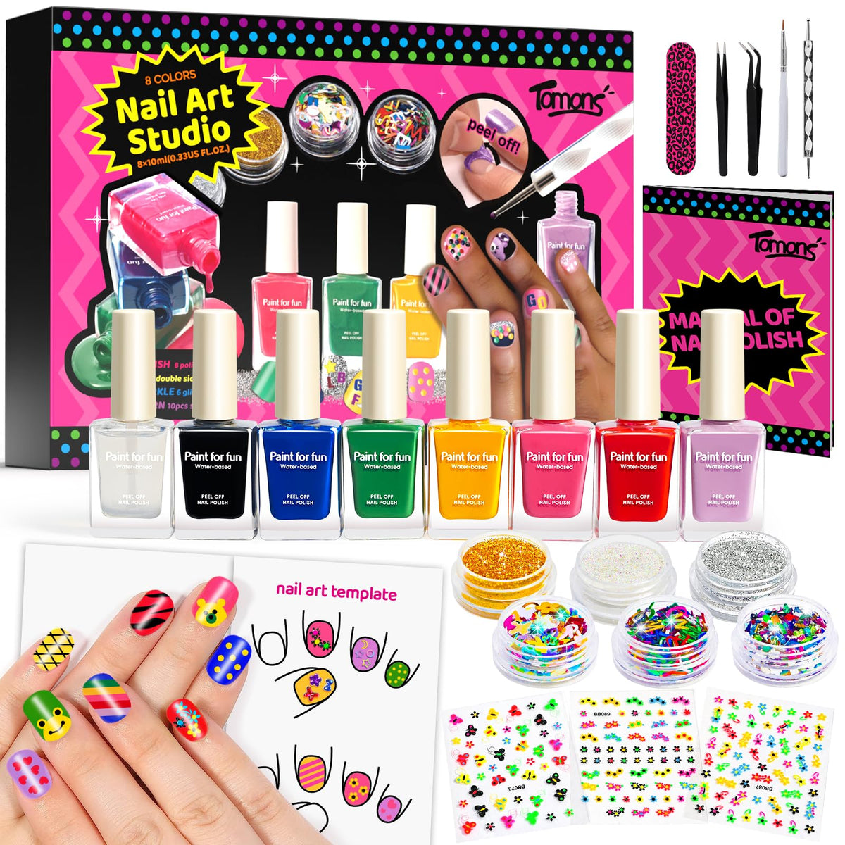 Tomons nail polish set with eight colors perfect for kids' nail art.