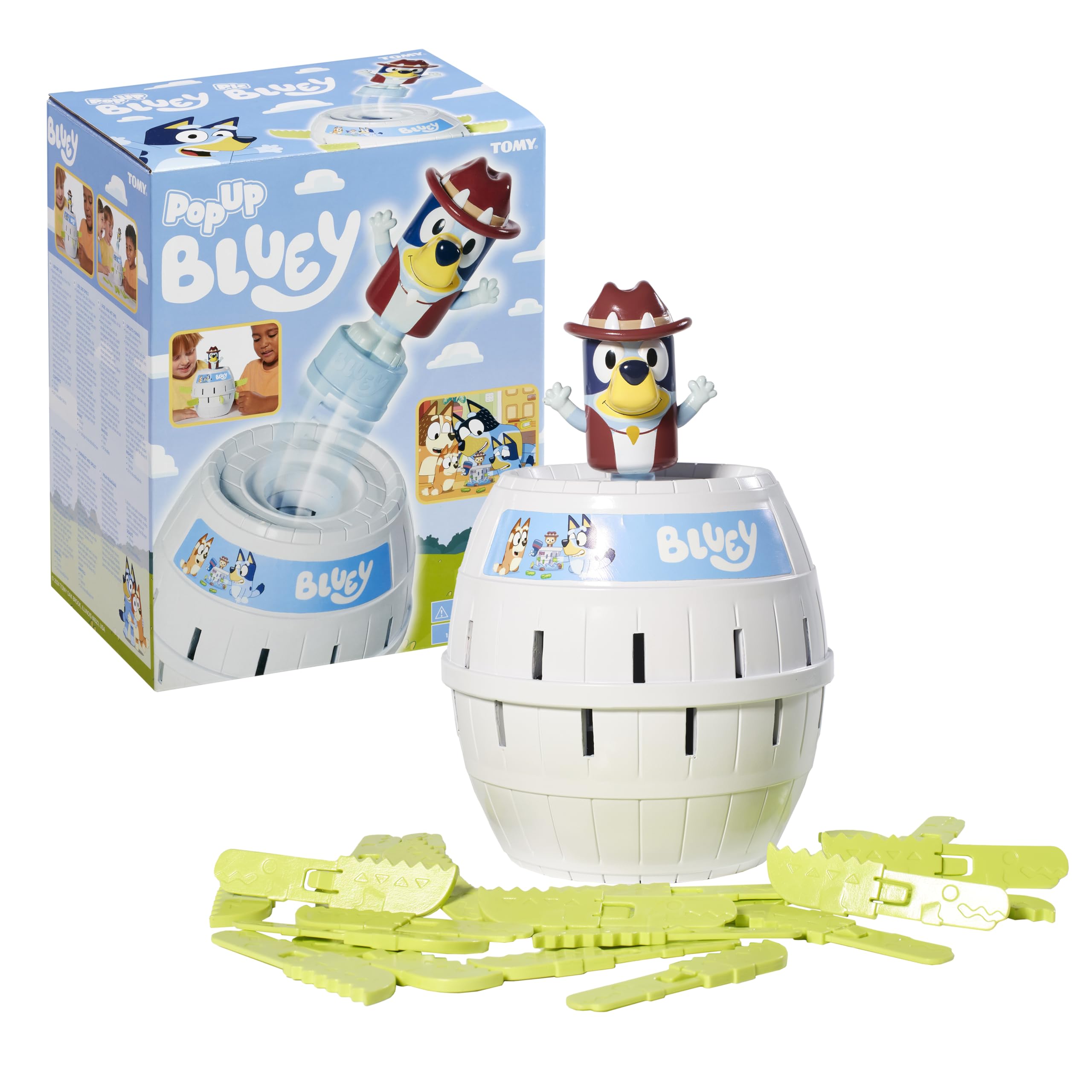 TOMY Pop Up Bluey barrel and sticks ready for family game night suspense.
