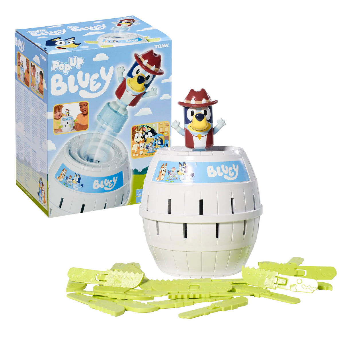 TOMY Pop Up Bluey barrel and sticks ready for family game night suspense.