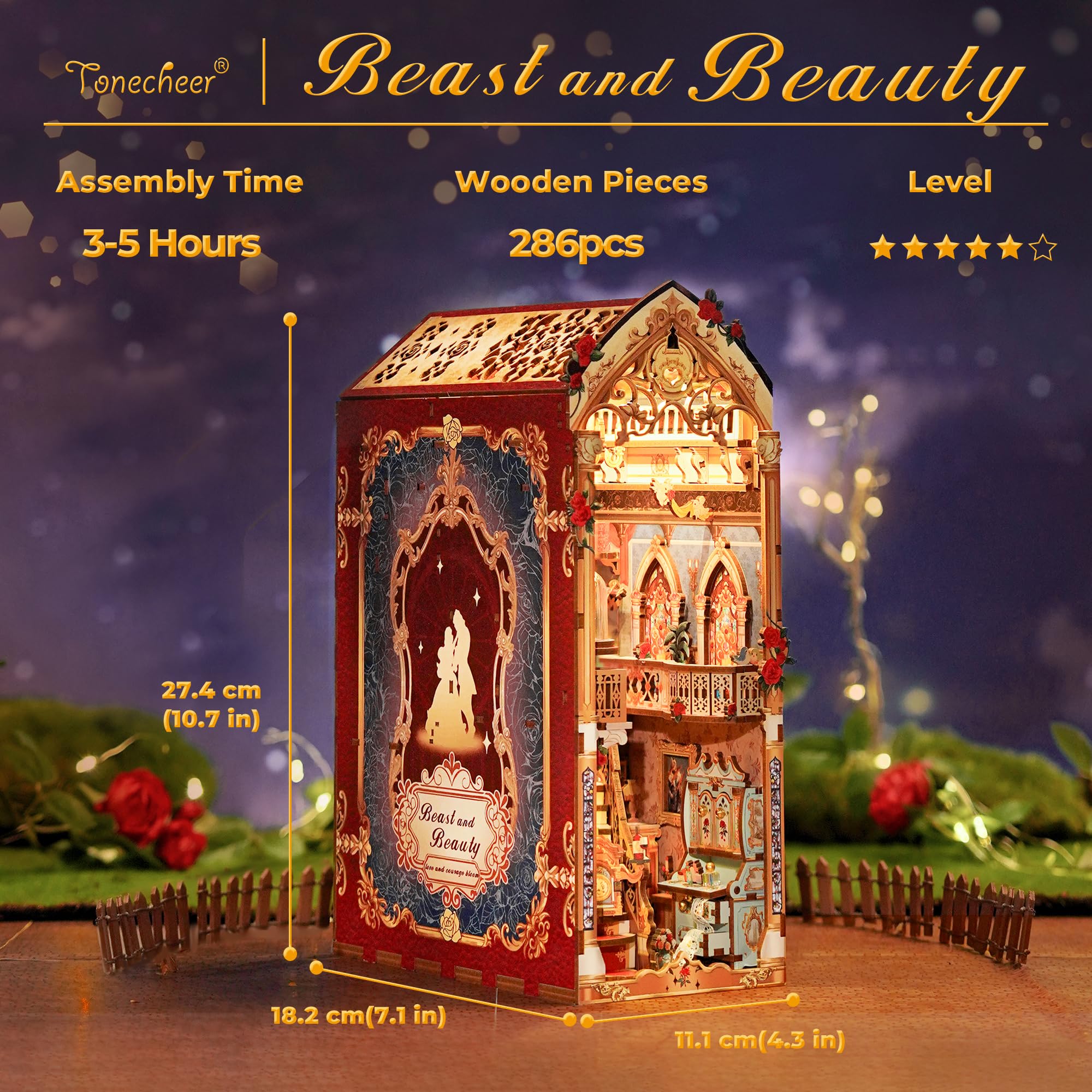 Tonecheer Beast and Beauty Book Nook motioned figurines dancing to music.