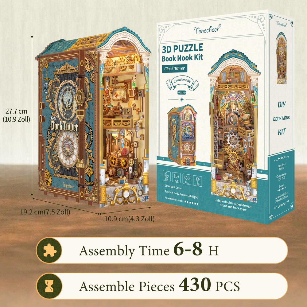 Tonecheer Clock Tower Kit LED light provides soft ambient glow.