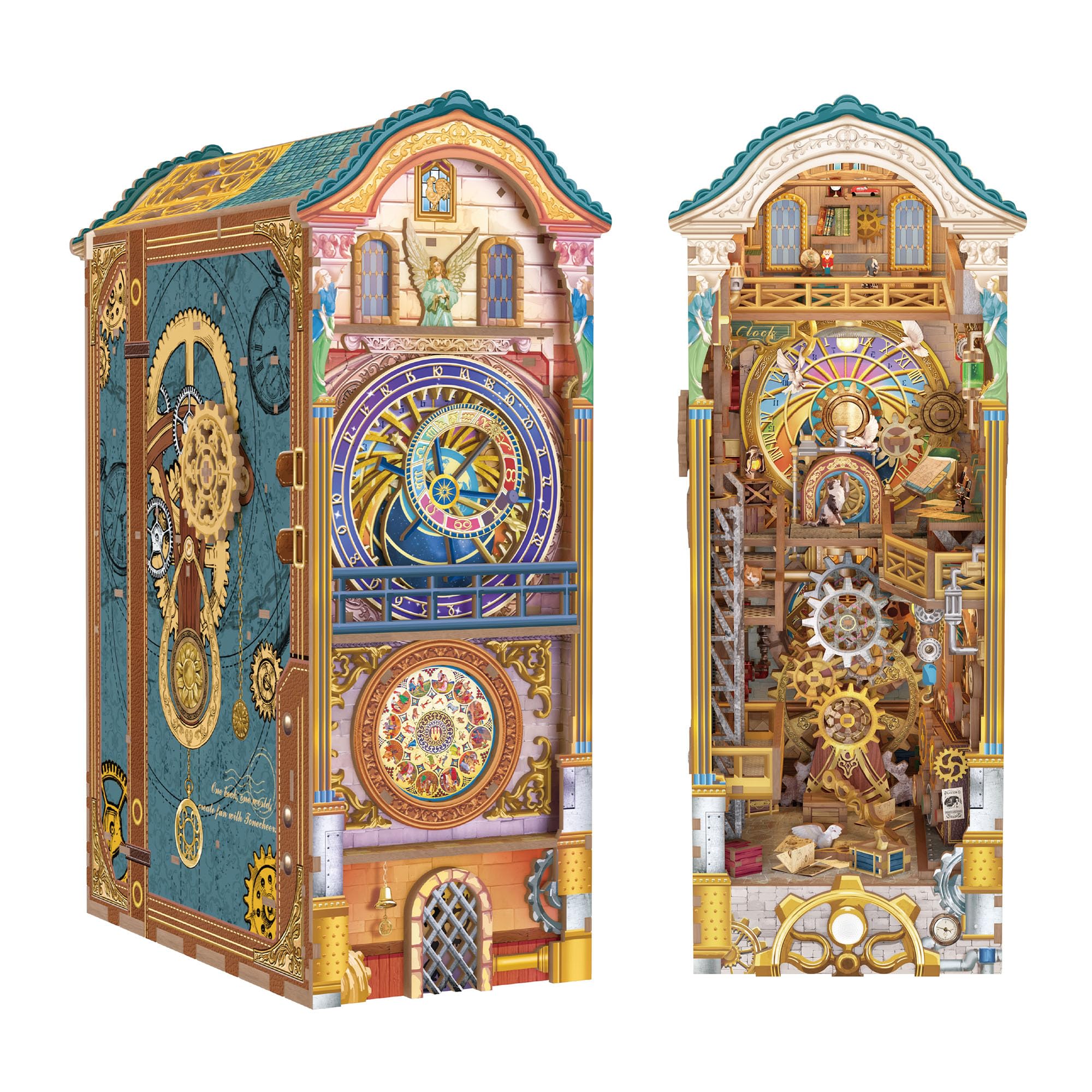 Tonecheer Clock Tower Kit shelf display enhances a cozy room corner.