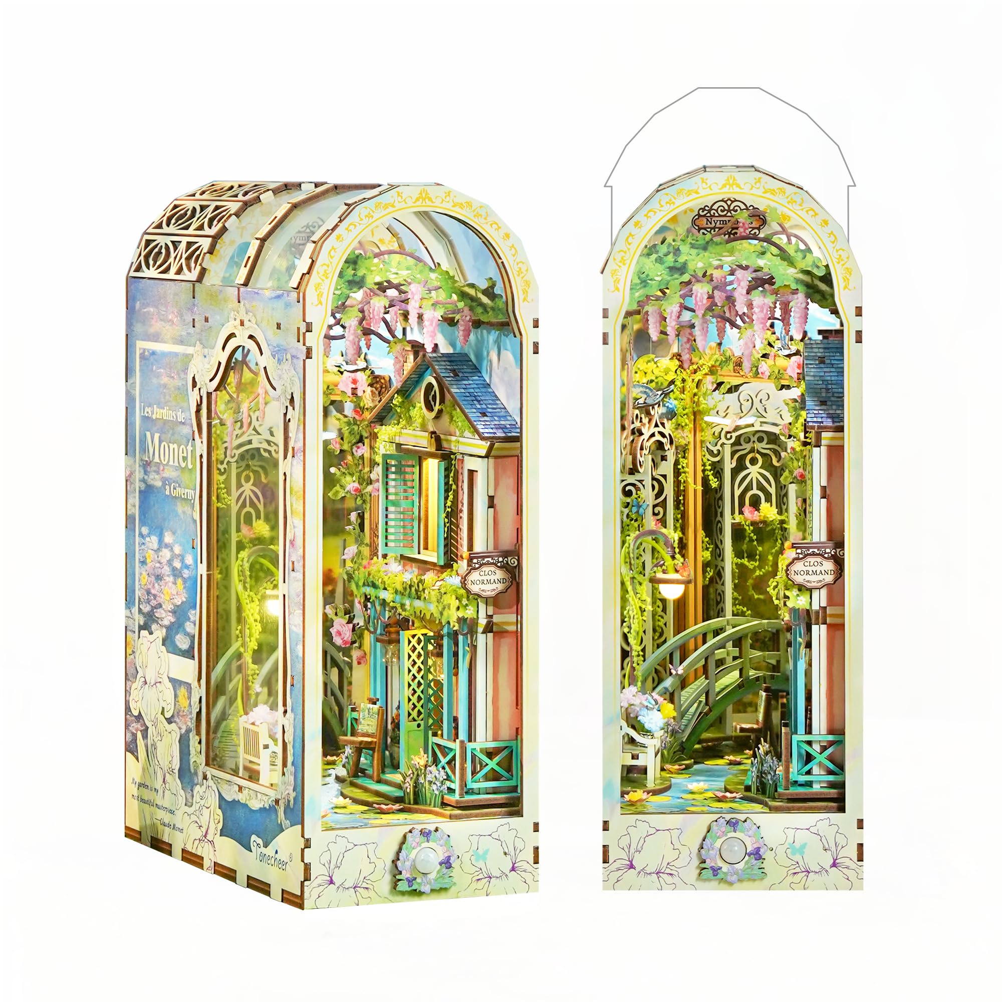 Tonecheer DIY Book Nook Kit Giverny Garden bridge view for a cozy shelf display.