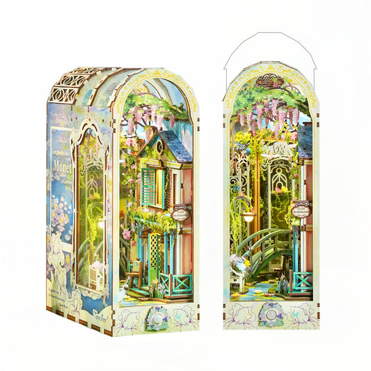 Tonecheer DIY Book Nook Kit Giverny Garden bridge view for a cozy shelf display.