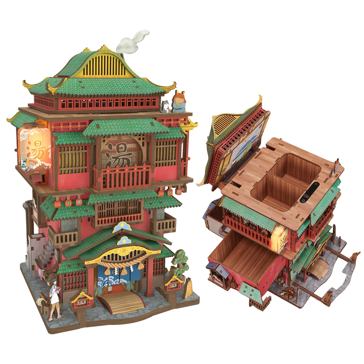Tonecheer Onsen Saga 3D puzzle kit displayed on a desk, a decorative focal point