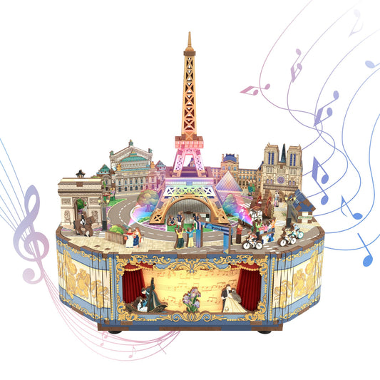 Tonecheer Paris music box highlights illuminated Eiffel Tower for romantic desk decor.